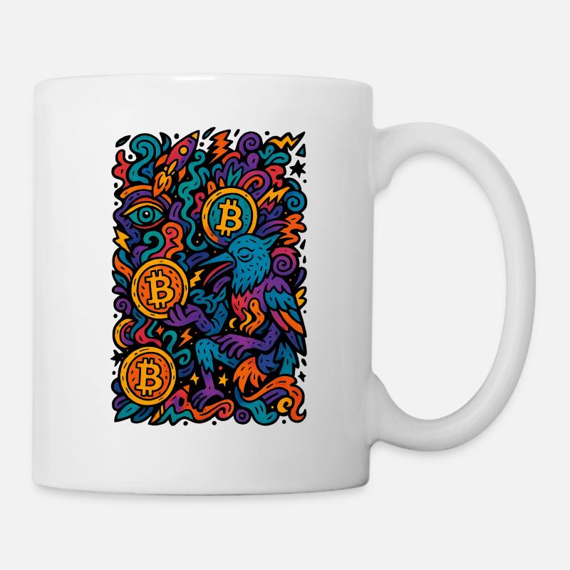 Bunte Digitale Kunst mit Bitcoin Motiven - Tasse - Weiß