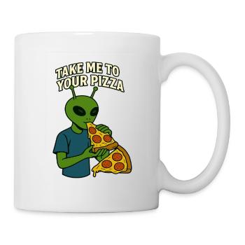 Alien Pizza T-Shirt Design mit Slogan - Tasse - Weiß - Rechts
