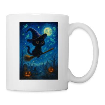Black cat with witch's broom - Mug - white - Right