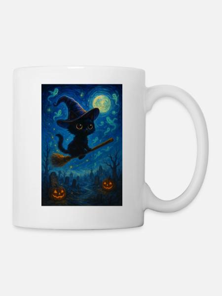 Chat noir avec un balai de sorcière - Mug blanc - blanc
