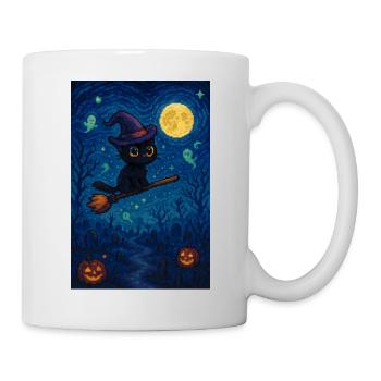 Süße Halloween Katze auf Hexenbesen Pixel Art - Tasse - Weiß - Rechts
