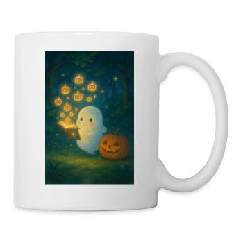 Niedlicher Geist mit Kürbis Buch - Tasse - Weiß - Rechts