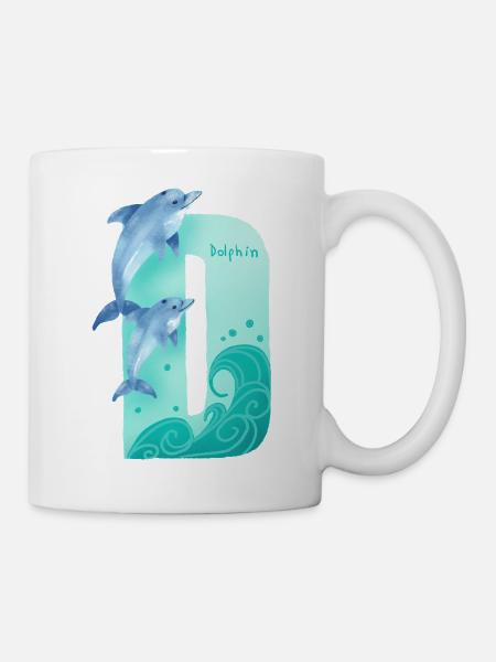 Whimsical Alphabet. Letter D. Blue Dolphin design. - Mug - white