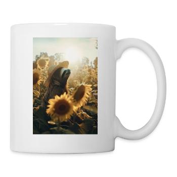 Faultier im Sonnenblumenfeld mit Hut, relax - Tasse - Weiß - Rechts