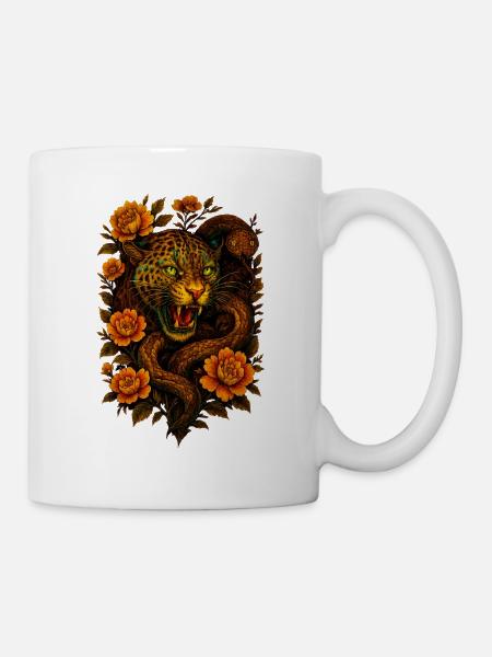 Hissing leopard & snake in retro design - Mug - white