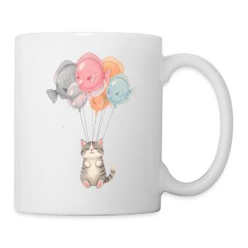Süße Katze mit Fischballons – Cartoon Design - Tasse - Weiß - Rechts