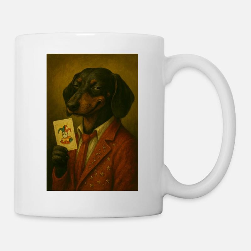Dachshund in star suit with joker card - Mug - white