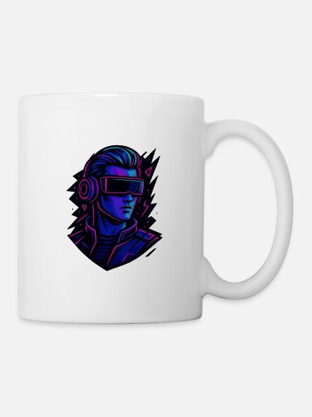 Néon Cyber VR Tête Portrait, Cyberpunk - Mug blanc - blanc