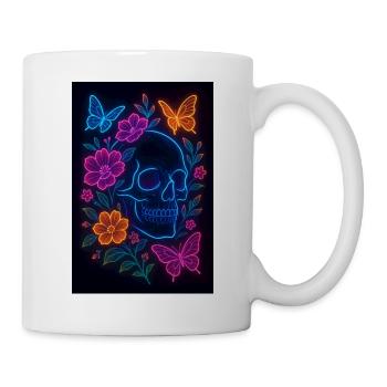 Crâne au néon avec des fleurs et des papillons - Mug blanc - blanc - Droite