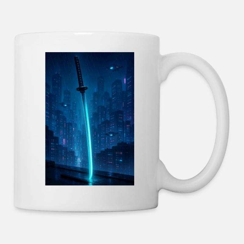 Neon Katana over Rain City - Mug - white