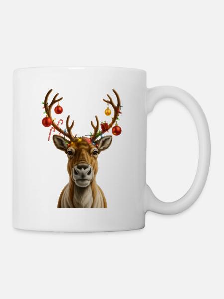Weihnachs Rentier mit Schmuck - Tasse - Weiß