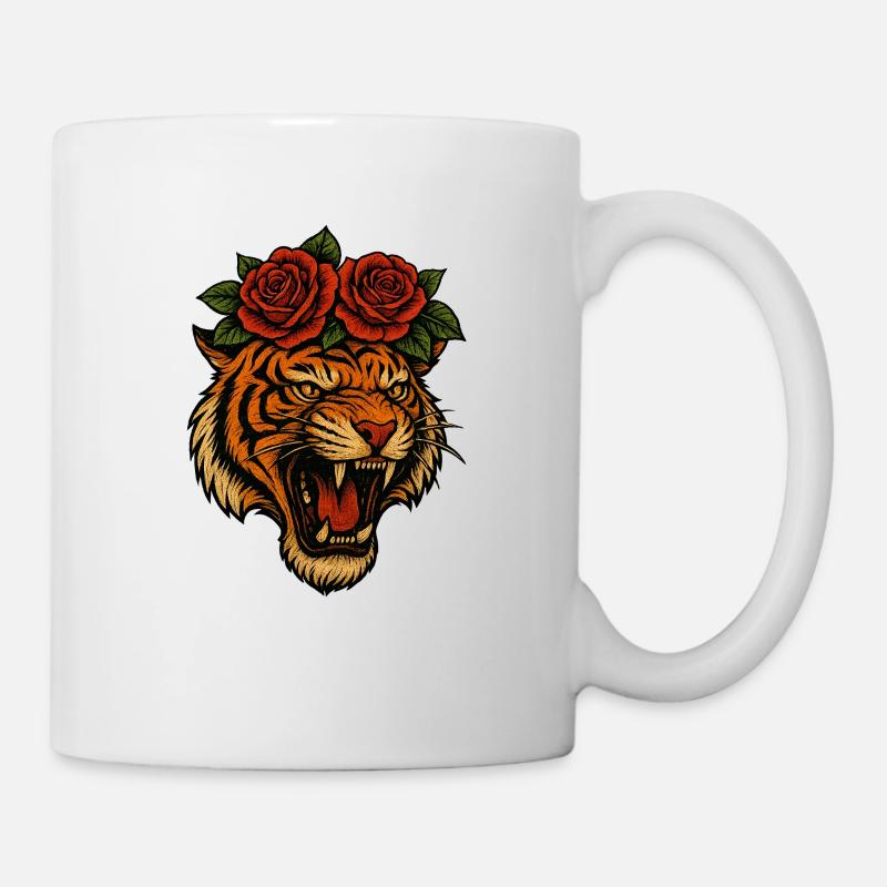 Tête de tigre féroce avec des roses – Tra haute résolution - Mug blanc - blanc