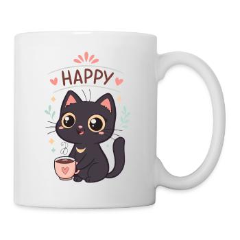 Schwarze Katze Glücklicher Kaffee - Tasse - Weiß - Rechts