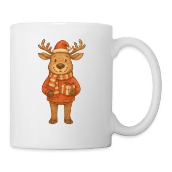 Niedliches Weihnachtsrentier mit Geschenk - Tasse - Weiß - Rechts