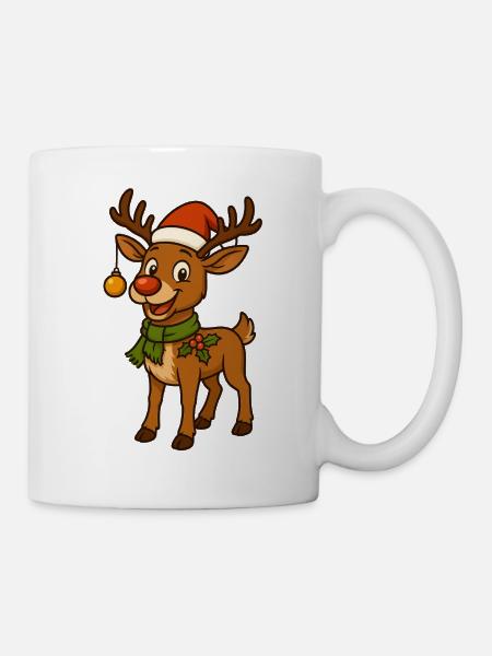 Comic-Weihnachtshirsch mit Deko - Tasse - Weiß