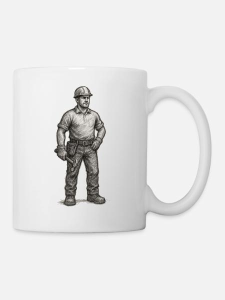 Croquis approximatif d’un ouvrier du bâtiment avec un marteau - Mug blanc - blanc