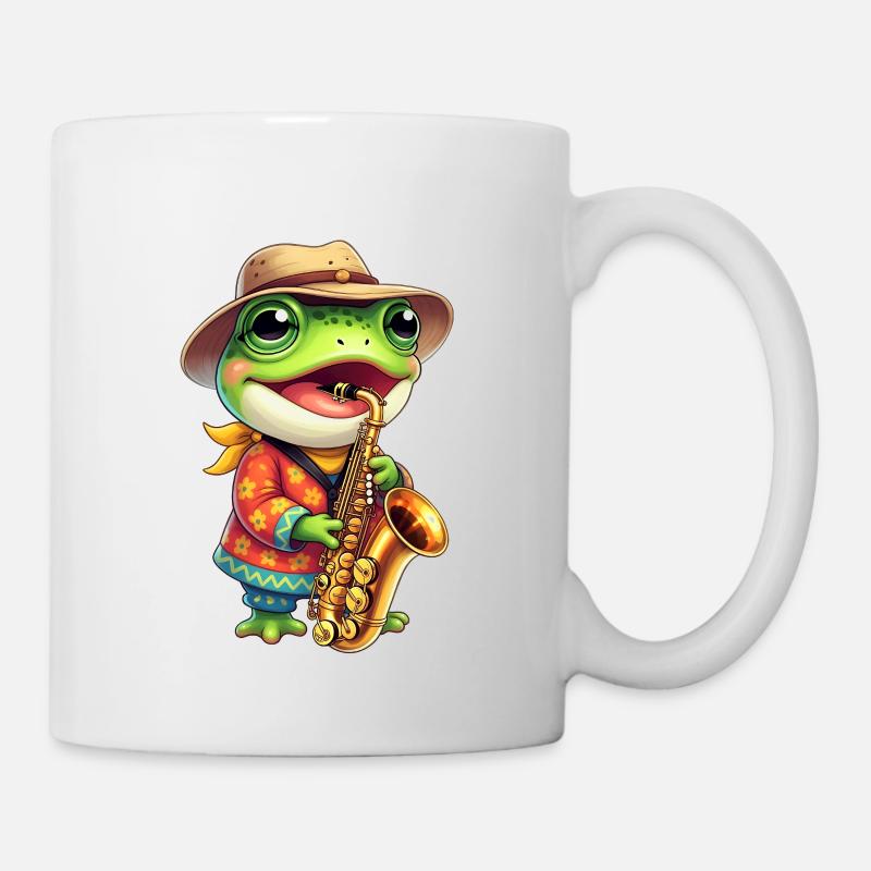 Aesthetic Frog Playing Saxophone - Mug - white