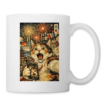 Silvester Feuerwerk Katze Selfie japanisch lustig - Tasse - Weiß - Rechts