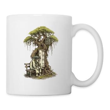 Treehouse poem: Old man squats in front of tree - Mug - white - Right