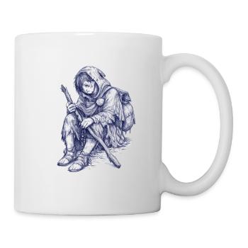 Wandernder Hüter mit Stab und Kapuze - Tasse - Weiß - Rechts