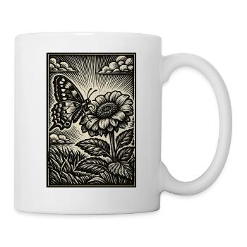 Schmetterling & Blume – Vintage Holzschnitt  - Tasse - Weiß - Rechts
