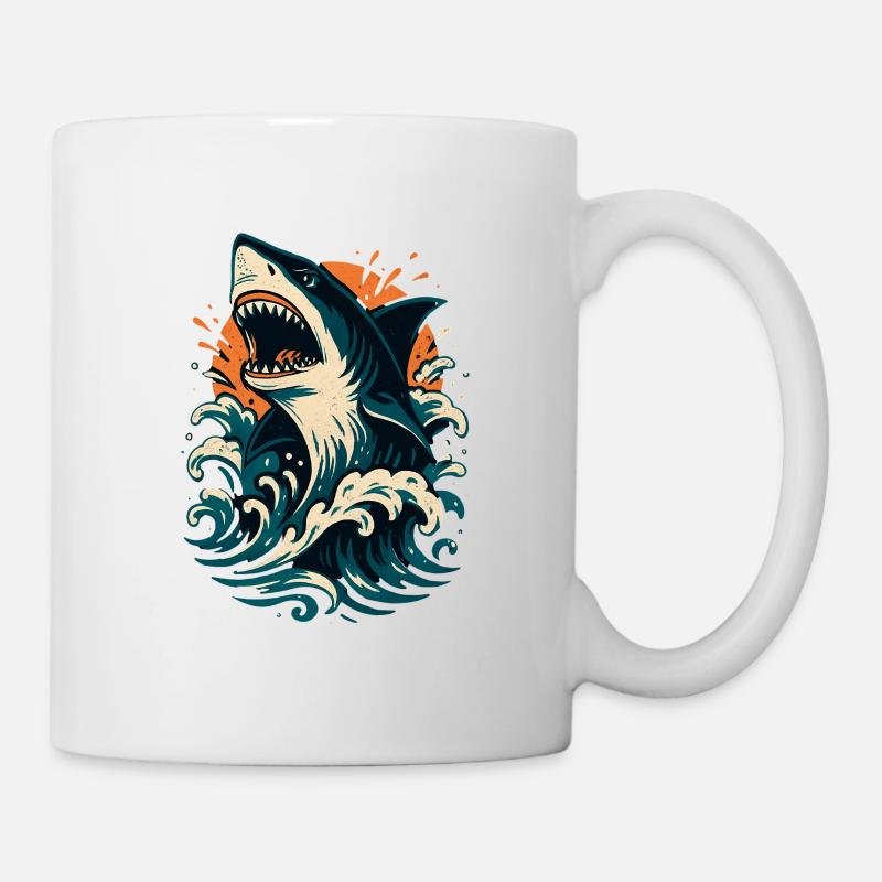 Hai brüllt durch Orange Wellen - Tasse - Weiß