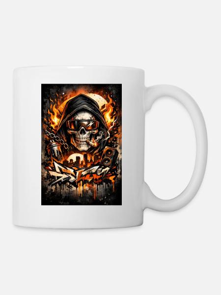 Urban skull with flames skyline - Mug - white