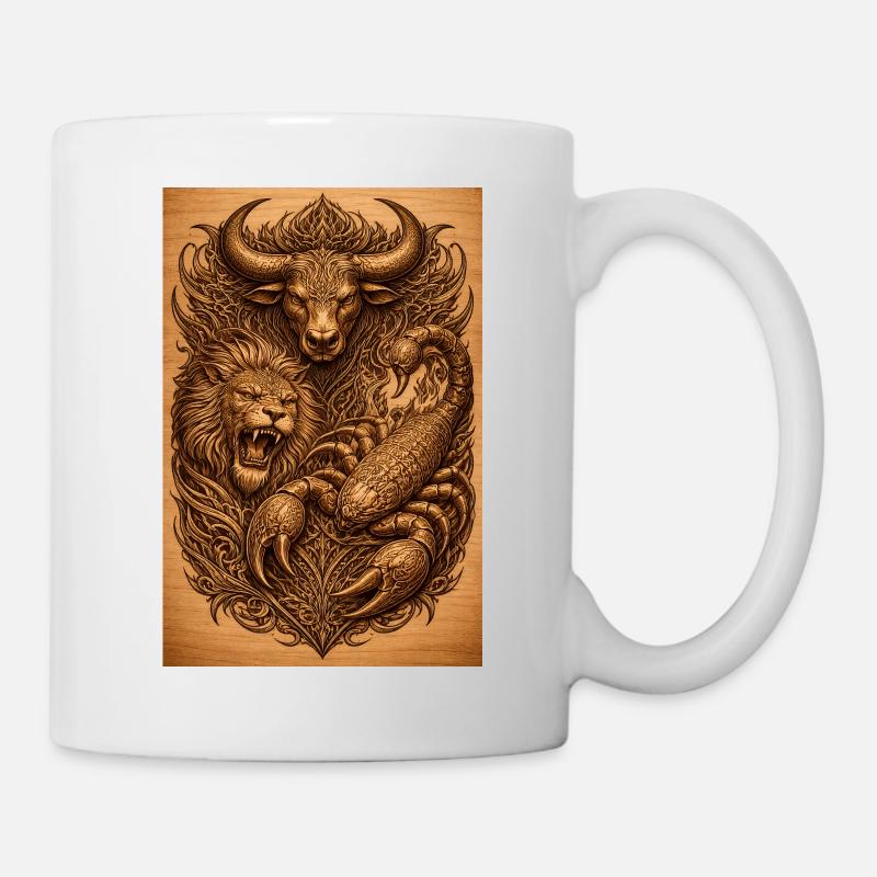 Estampe sur bois du Lion Taureau Scorpion - Mug blanc - blanc