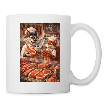 Mr. Wolf and Mr. Squirrel in a butcher's shop - Mug - white - Right