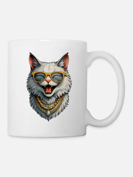 Happy Lady Cat - Sunglasses & Gold Chains - Mug - white