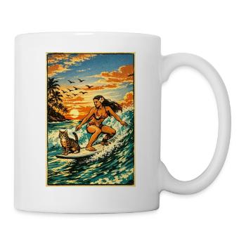 Surfgirl with Cat Hawaii surfing Summer Fun Wave  - Tasse - Weiß - Rechts