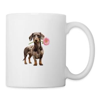 Dackel mit Blume – Blütenliebe - Tasse - Weiß - Rechts