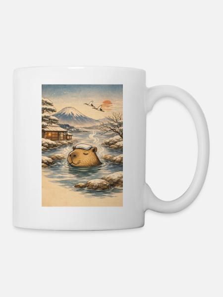 Onsen Capybara in the Winter Forest - Mug - white