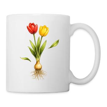 Zwei Tulpen mit sichtbarer Zwiebel und Wurzeln - Tasse - Weiß - Rechts