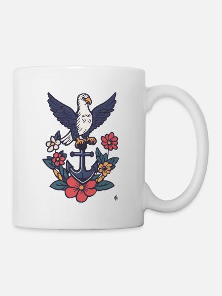 Anker mit Albatros und Blütenkranz - Tasse - Weiß