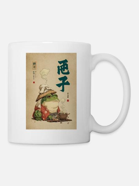 Frosch-Samurai im Seidenmantel mit Tee - Tasse - Weiß