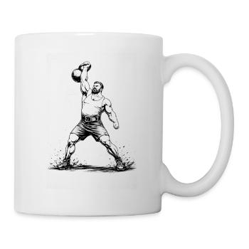 Strongman lifts heavy kettlebell above his head - Mug - white - Right