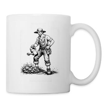 Gärtner gießt Blumen im Comic-Stil - Tasse - Weiß - Rechts