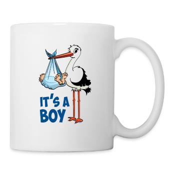 Storch mit dem kleinen Jungen; "Es ist ein Junge" - Tasse - Weiß - Rechts