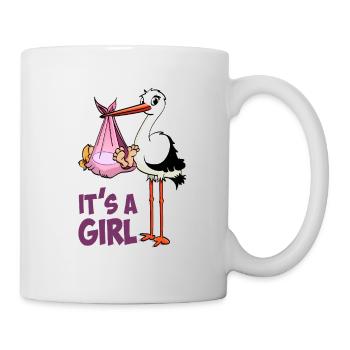 Storch mit Mädchen; "Es ist ein Mädchen" - Tasse - Weiß - Rechts