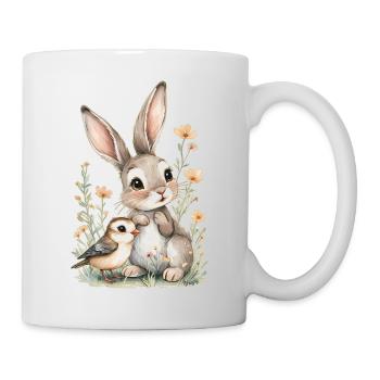 Lapin et oiseau parmi les fleurs – kawaii 🐰🐦 - Mug blanc - blanc - Droite
