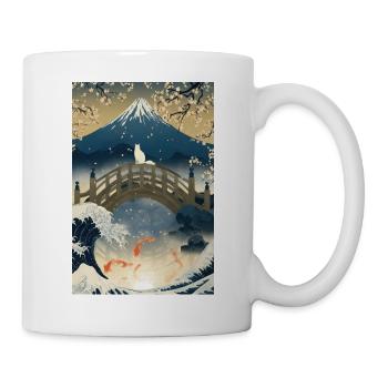 Cat on Bridge Beneath Mount Fuji Night - Mug - white - Right