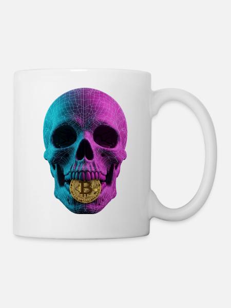 Bitcoin Skull Wireframe Design Cyan Magenta - Tasse - Weiß