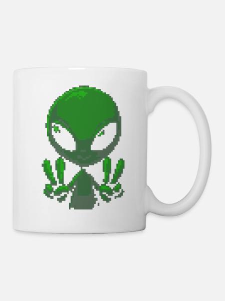 Pixel grünes Alien-Friedenszeichen - Tasse - Weiß