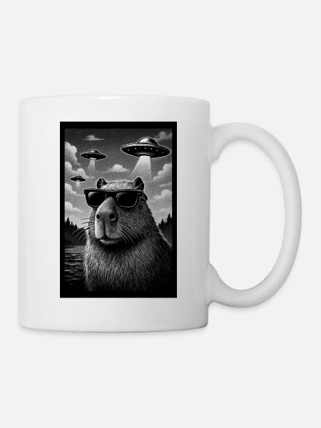 Capybara mit Sonnenbrille und UFOs - Tasse - Weiß