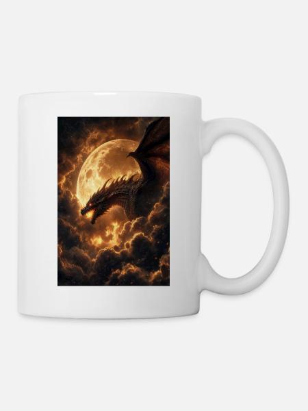Mondbeschienener Drache über feurigen Wolken - Tasse - Weiß