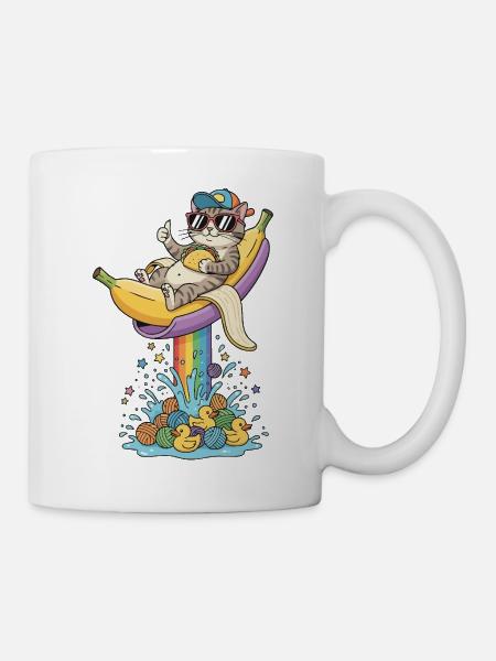 Un chat damier sur une banane dans la fontaine Rainbow Fun - Mug blanc - blanc