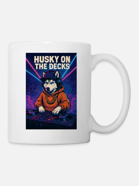DJ Husky on the Decks – Retro Party Dog Shirt - Mug - white
