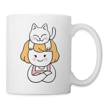 Mädchen mit süßer Katze auf dem Kopf - Tasse - Weiß - Rechts