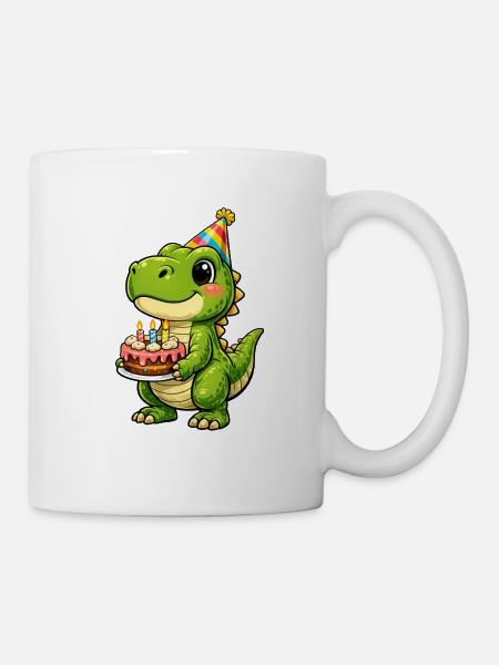 Kleiner Dino mit Geburtstagskuchen - Tasse - Weiß